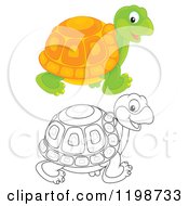 Cartoon Of A Cute Happy Tortoise In Color And Black And White Outline Royalty Free Clipart