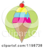 Cherry Topped Triple Scoop Waffle Ice Cream Cone Over A Green Circle