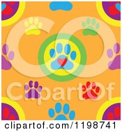 Seamless Pattern Of Colorful Dog Paw Prints And Hearts Over Orange