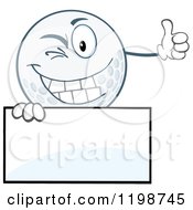 Winking Golf Ball Character Holding A Thumb Up Over A Sign