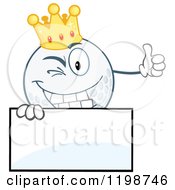 Cartoon Of A Winking Crowned Golf Ball Character Over A Sign Royalty Free Vector Clipart