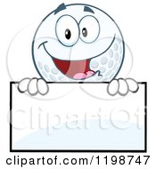 Cartoon Of A Happy Golf Ball Character Over A Sign Royalty Free Vector Clipart