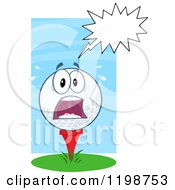 Cartoon Of A Scared Golf Ball Character On A Tee Over Blue And White Royalty Free Vector Clipart