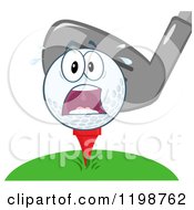 Cartoon Of A Club Behind A Screaming Golf Ball Character On A Tee Royalty Free Vector Clipart