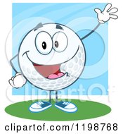 Poster, Art Print Of Happy Waving Golf Ball Character Over Blue And Green