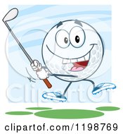 Cartoon Of A Golf Ball Character Swinging A Club Over Blue And Green Royalty Free Vector Clipart