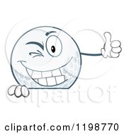 Cartoon Of A Winking Golf Ball Character Holding A Thumb Up Over A Sign Royalty Free Vector Clipart