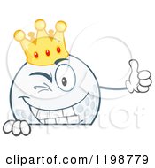 Cartoon Of A Winking Crowned Golf Ball Character Over A Sign 2 Royalty Free Vector Clipart