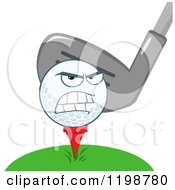 Cartoon Of A Club Behind An Angry Golf Ball Character On A Tee Royalty Free Vector Clipart