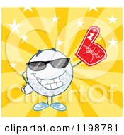 Golf Ball Character Wearing Sunglasses And A Number 1 Foam Finger Over Stars And Rays