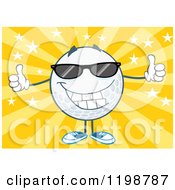 Poster, Art Print Of Happy Golf Ball Character Wearing Sunglasses And Holding Two Thumbs Up Over Stars And Rays