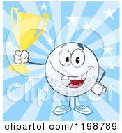 Poster, Art Print Of Victorious Golf Ball Character Holding A Trophy Over Blue Rays