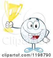 Cartoon Of A Victorious Golf Ball Character Holding A First Place Trophy Royalty Free Vector Clipart