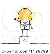 Poster, Art Print Of Proud Stick Man On A First Place Platform With A Glowing Brain