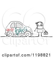 Clipart Of A Stick Woman Looking At Her Vandalized Car Royalty Free Vector Illustration by NL shop