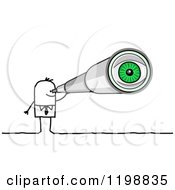 Stick Businessman Using A Telescope With A Green Eye Visible