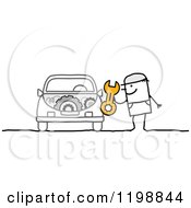 Stick Man Mechanic Holding A Wrench By A Car