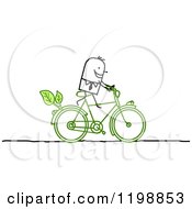 Happy Stick Man Riding A Green Bicycle With Leaves