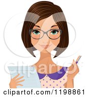 Clipart Of A Beautiful Brunette Secretary Woman Wearing Glasses And Taking Notes Royalty Free Vector Illustration