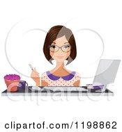 Clipart Of A Beautiful Brunette Secretary Woman Wearing Glasses At A Desk Royalty Free Vector Illustration