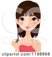 Clipart Of A Beautiful Young Brunette Woman Applying Lipstick Royalty Free Vector Illustration