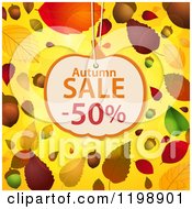 Poster, Art Print Of Pumpkin Shaped Autumn Sale Discount Tag Over Acorns Leaves And Flares On Yellow