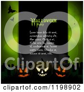 Poster, Art Print Of Black Panel With Halloween Party Sample Text Glowing Pumpkins And Bats Over Green With Flares And Spiders