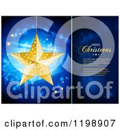 Poster, Art Print Of Suspended Golden Christmas Star Over Flares And Rays On Blue With A Panel And Sample Text