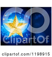 Clipart Of A Suspended Golden Christmas Star Over Flares And Rays On Blue With A Text Space Panel Royalty Free Vector Illustration