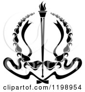 Clipart Of A Black And White Heraldic Coat Of Arms Wreath With A Torch Royalty Free Vector Illustration