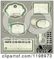 Poster, Art Print Of Distressed Green Money Themed Frames Letters Numbers And Certificates