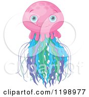 Cartoon Of A Cute Pink Jellyfish With Colorful Tentatcles Royalty Free Vector Clipart