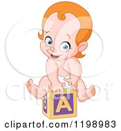 Poster, Art Print Of Happy Red Haired Caucasian Baby On An Alphabet Block