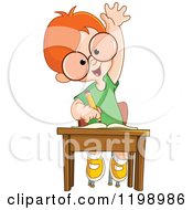 Cartoon Of A Smart Red Haired School Boy Raising His Hand At His Desk Royalty Free Vector Clipart by yayayoyo