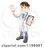 Friendly Brunette Male Doctor Holding A Medical Chart And Waving