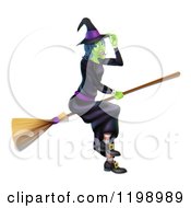 Poster, Art Print Of Green Hallowen Witch Tipping Her Hat And Flying On A Broom