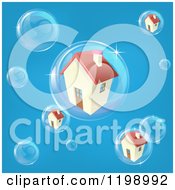 Poster, Art Print Of Bubble In The Housing Market With Homes In Bubbles On Blue