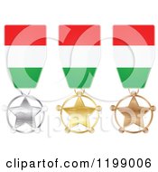 Silver Gold And Bronze Star Medals With Hungarian Flag Ribbons