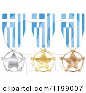 Silver Gold And Bronze Star Medals With Greece Flag Ribbons