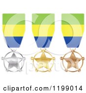 Silver Gold And Bronze Star Medals With Gabonese Flag Ribbons
