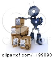 Poster, Art Print Of 3d Blue Android Robot Resting A Hand On Shipping Boxes
