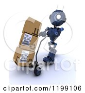 Poster, Art Print Of 3d Blue Android Robot Moving Boxes On A Dolly