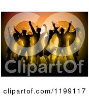 Clipart Of A Crowd Of Silhouetted People Dancing Over Orange With Flares Royalty Free Vector Illustration