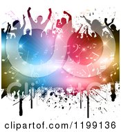 Poster, Art Print Of Crowd Of Silhouetted People Over A Burst Of Colorful Lights And Music Notes On White