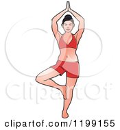 Poster, Art Print Of Fit Woman In Red Standing In The Yoga Tree Pose