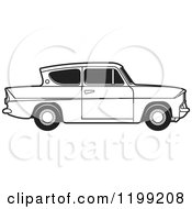 Clipart Of A Vintage Black And White Ford Anglia Car With Tinted Windows Royalty Free Vector Illustration
