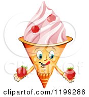 Cartoon Of A Waffle Ice Cream Cone Mascot With Strawberries Royalty Free Vector Clipart
