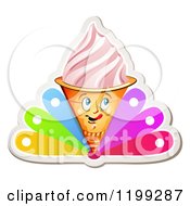 Strawberry Ice Cream Cone With Frozen Yogurt And Colorful Petals On White