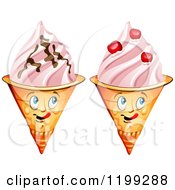 Waffle Ice Cream Cone Mascots With Chocolate And Cherries