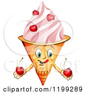 Cartoon Of A Waffle Ice Cream Cone Mascot Holding Cherries Royalty Free Vector Clipart by merlinul